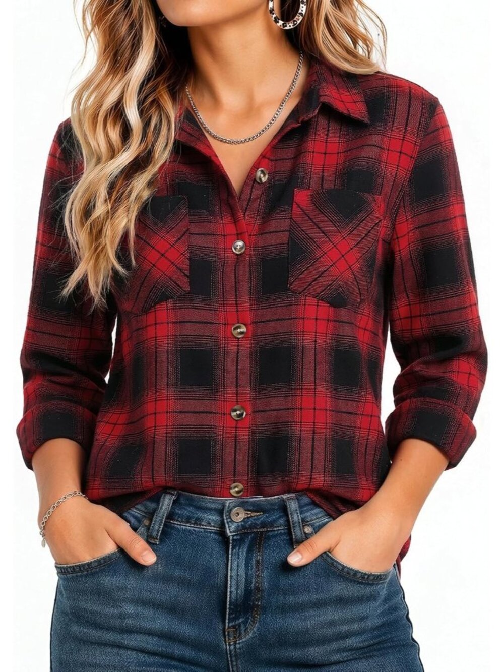 Women's Red Black Flannel Plaid Long Sleeve Button Down Imported Top Work Blouse